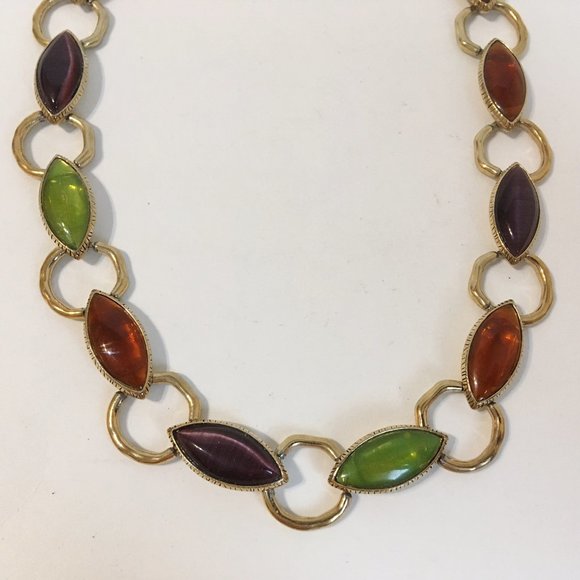 Monet Chain Necklace Choker Multi-Color Oval Resin Stones Gold Tone Metal